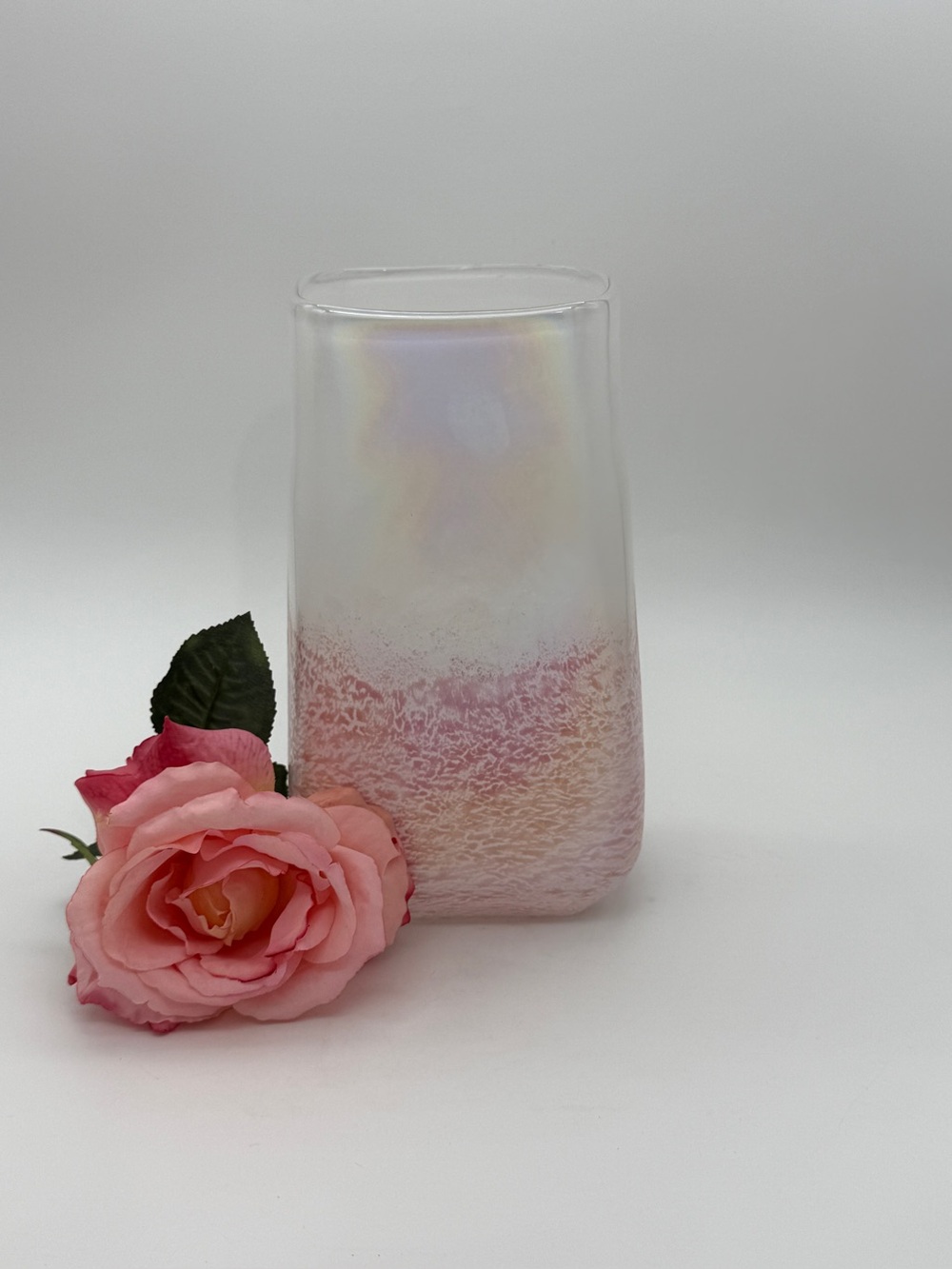 Vtg. Teleflora’s Blushing Gemstone Pink Opalescent Hand Blown Square Flower Vase